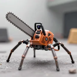 small Robot spider wielding a big chainsaw, 40nm lens, wide angle, shallow depth of field, 4k,