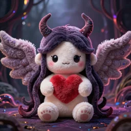 cute fumo plush of a cursed fallen angel who forfeited her heart to the dark ones, eldritch tendrils, vray render with chromatic aberration