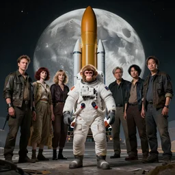 an astronaut monkey near elon musk in front of spacex falcon 9, moon background, by john william godward and anna dittman and laurie greasley and victo ngai and taro okamoto and caspar david friedrich, full body portrait atmospheric lighting, intricate detail, cgsociety, hyperrealistic, octane render, rpg portrait, ambient light, dynamic lighting