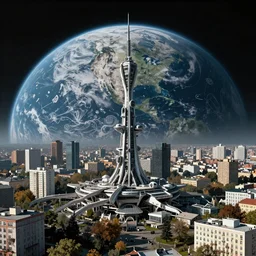 Elysium movie photo of Kyiv city as a rich space colony with planet Earth seen behind it, futuristic, realistic, modern, shot from space