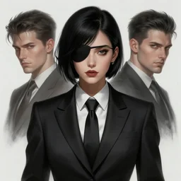 a highly detailed illustration of beautiful short black haired woman wearing noir suit and tie and wearing eyepatch, art by artgerm and greg rutowski and ilya kuvshinov, intricate, elegant, highly detailed, centered, digital painting, artstation, concept art, smooth, sharp focus, league of legends concept art, wlop.
