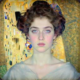 portrait of a beautiful young lady with silver eyes, colored daguerreotype by klimt, by schiele, by mucha, by Mackintosh, art novesi, liminal, Bright pastel colors