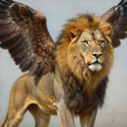 a realistic oil painting of a winged lion's body with an eagle head, highly detailed, trending on artstation, by james gurney and michael whelan