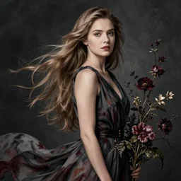 portrait of Hillary Clinton as a young pretty woman in flowing dress, arrogant, mysterious, long fine flowing hair, delicate, looking at camera, realistic face, intricate, stylish, elegant, grimdark, flowers, extremely detailed photograph by Martine Johanna and Ernst Haeckel and Greg Rutkowski