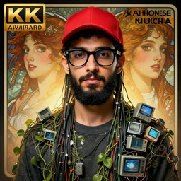 hyperrealist portrait of a young ducktail bearded middle eastern american man wearing black wayfarer glasses and red baseball cap, it is decorated with long wires that fall like vines and small computers over their body. by jeremy mann and alphonse mucha, fantasy art, photo realistic, dynamic lighting, artstation, poster, volumetric lighting, very detailed faces, 4 k, award winning