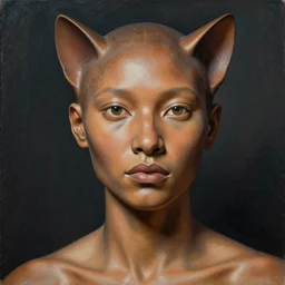 detailed portrait in femininity, shaman, realistic face sculpted features, melanin, clear eyes, statuesque, feline, warm glowing skin, chiaroscuro, tangible, peach fuzz, angular impressionism, deep ambient backdrop, contemporary, modern fashion, natural colors, greg rutkowski and gaston bussiere and craig mullins and j. c. leyendecker