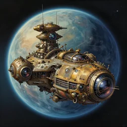 steampunk spaceship infront of a planet, exquisite details, denoised, mid view, by karl kopinski, artsation, greg rutkowski, makoto shinkai, takashi takeuchi, studio ghibli