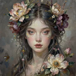 a beautiful floral fae, enigmatic beauty, esoteric, muted colors, head in focus, fae aesthetics, intricate details, elegant, highly detailed, hyperrealistic painting, concept art, painterly, sharp focus, art hans jokem bakker