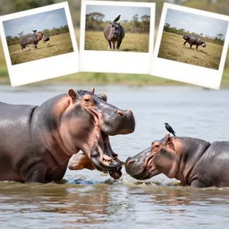 symbiotic relationship of a hippo and a bird, river, stained camera photos