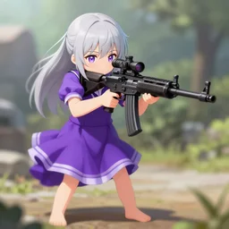 advanced digital anime art, Sakimichan , a small school girl with silver hair wearing a violet dress and bare feet aiming through a PSG1 sniper rifle, DOF, Gaussian Blur, —W 1920