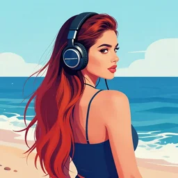 back view of a beautiful woman with long hair and a confident expression looking at the sea, wearing headphones, vivid colors, art by Artgerm and Mark Arian