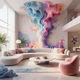 an insanely intricate photo of a modern living room full of insane detailed colorfull smoke fluid, clean architecture, pastel colored, intricate detailed 3 d render, hyper realistic intricate acrilic fluid art, intense colors, wide shot, octane render, concept art, daylight, peaceful, 8 k