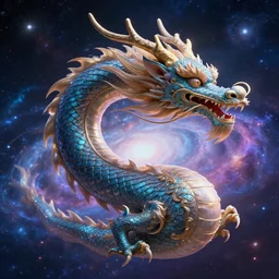 chinese dragon in space, absorbing the energy of galaxies to create his metaverse, soft light, realism, maximum detail, high quality, good study of style, depth of field, focus, painting classicism and abstractionism, 8 k