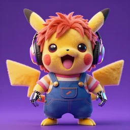 high quality 3 d render neo - cyberpunk very cute fluffy! screaming chucky doll!! cyborg with headphones, mechanical paw, highly detailed, unreal engine cinematic smooth, in the style of detective pikachu, hannah yata charlie immer, neon purple light, low angle, uhd 8 k, sharp focus
