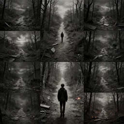 a sad lone man walking down a broken, dark, firty path which leads to nowhere, extremely detailed multiple unique different art styles.