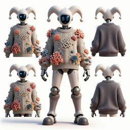 official character sheets for a new robot jester biomech suit, digital screen robot face, wearing an oversized sweater, covered in coral, art by tim schafer black velvetopia art for psychonauts from double fine studios, art by splatoon from nintendo, black light rave, bright neon colors, apocalypse