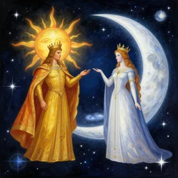 sun king and moon queen in the cosmic court of mystical astronomy, art by james c. christensen and ron walotsky