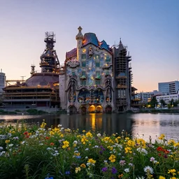 industrial architecture by antoni gaudi, lake nature at dawn nightvision uv light landscape flowers tokyo bladerunner 2 0 4 9 reclaimed by nature morning sun hyperrealism vaporwave infrared tron myst alien sunset synthwave assassin's creed retrowave liberty city nightsky sunlight at dusk universe poppy, archdaily, wallpaper, highly detailed, trending on artstation.
