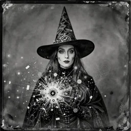 old wetplate daguerreotype portrait of the witch, explosion of data fragments, fractal, intricate, elegant, highly detailed, parallax, leica, medium format, subsurface scattering, by jheronimus bosch and greg rutkowski and louis jacques mande daguerre