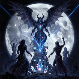 celestial cultists summoning lucifer on the moon, technology, circuitry, magic, sigils, led lights, crystalline shimmers, laser beams, hatred, airbrush painting, royo,