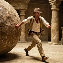 Liam Neeson as Indiana Jones, in an Egyptian tomb, running from a large boulder, film still from 'Indiana Jones and the Last Crusade (1989)'