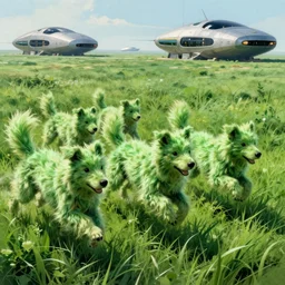 the green - furred grass - dog hybrids charge into the fray, bounding through the lush green sea of grass, scifi pulp, matte painting, concept art, book cover, frank frazetta, syd mead, boris vallejo, movie poster, 7 0 s scifi, cinematic still, 4 k hd