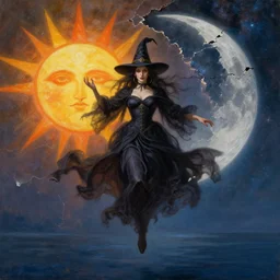 a powerful witch floats on a divided horizon, the background is torn between the sun and the moon, in the background you can see the milky way. by Daniel F. Gerhartz, hyperrealistic oil painting, 4k, studio lightning, baroque