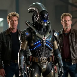 movie still, 1 9 8 0 s, harrison ford as armored alien hunter, photorealistic, hyperdetailed, by ridley scott and john carpenter, blue leds