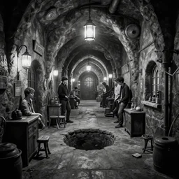 black and white one point perspective refinery dungeon cozy fantasy dungeon hallway view with pit in the middle of the ground by artgerm and Craig Mullins, James Jean, Andrey Ryabovichev, Mark Simonetti and Peter Morbacher 16k