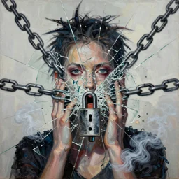 chained and locked depravity, mixed media collage, assemblage, photomontage, oil painting, minimalist, contemporary art, punk art, photorealistic, portrait, expressionism, masterpiece, dynamic composition, spectacular quality, intricate details, shattered glass texture, chains, smoke, water, light vibrant