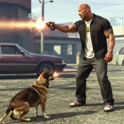 Dwayne Johnson in GTA V shooting at a dog