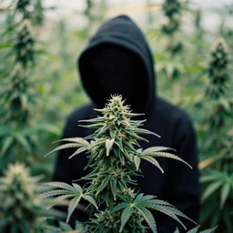 hooded figure in cannabis forest, film photo, grainy, high detail, high resolution,