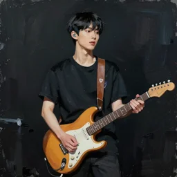 minimal brush strokes painting of a young korean man wearing black t shirt holding a telecaster!!! electric guitar!!, dark background, huge dramatic brush strokes, matte colors, abstract, masterpiece, impressionist, trending on artstation