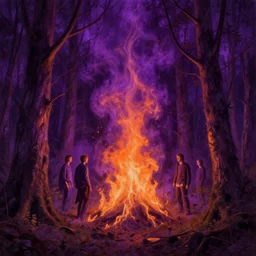 a spirit wisp mote forest by simon stalenhag and gillis rombouts and greg rutkowski and beeple and anton fadeev, hyperrealism! chiaroscuro!!!! tonalism! vibrant! desaturation, high contrast, highly detailed, volumetric lighting, purple and orange flames