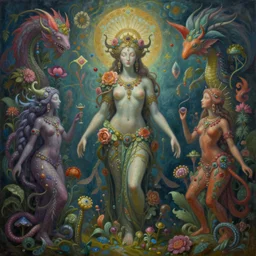 a painting by hanna yata, geenss archenti flores of the spirit of mother nature in fantastic and impossible shapes and mythical creatures by hanna yata, geenss archenti flores, ben ridgway, elegant, artstation, concept art, ambient occlusion, vray render,