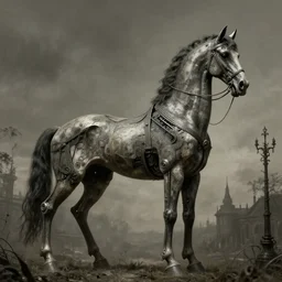 a shot of a gothic victorian, biomechanical, surrealism beksinski giant synthetic horse with an elongated neck.