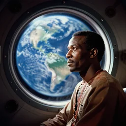 analogue portrait photo of an African tribal man in a spaceship looking at planet earth through its porthole window, photo shot by martha cooper, 35mm,