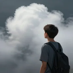 an awestruck teen looking at a enormous cloud of mist coming towards him, digital art, hyper-detailed