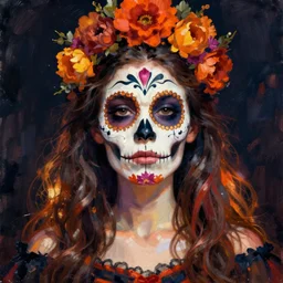 Illustration of a sugar skull day of the dead girl, art by henri edmond cross