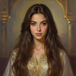 portait princess lalla salma, centred, very long hair, charmed sexy look, hd, unreal engine, art painting, final fantasy style, amazing background theme