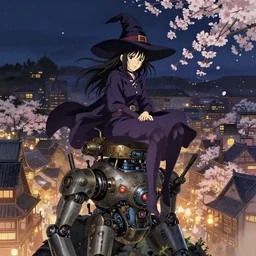 a full body portrait of a witch atop a steampunk robot, view of an city with sakuras, night lighting delicate features finely detailed perfect art, at an ancient city, gapmoe yandere grimdark, trending on pixiv fanbox, painted by greg rutkowski makoto shinkai takashi takeuchi studio ghibli