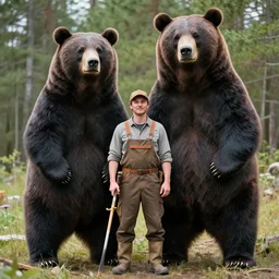 portrait photo of a lumberjack man and his 2 0 feet tall giant bear pet