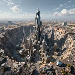A metal city built deep inside of a crater where the buildings reach to the sky, fantasy art style
