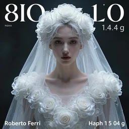 hight focus f - 2 2, 8 5 mm, iso 1 0 0, nikkor 8 5 mm 1.. 4 g a wonderful realistic focused portrait of a lonely woman with a detailed wonderful symmetrical face who is dressed with a wonderful, majestic, large semi transparent white cotton dress ornate with semi transparent cotton roses and semi transparent white veils, accent white lighting, dramatic light, octane render, by roberto ferri, fantasy art, photo realistic, artstation, poster, - 8 k