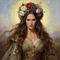 portrait oil painting, a beautiful angry megan fox, floral headdress, flowers, long flowing hair, ornate robe, ultra realistic, wide angle, intricate details, artifacts, luminous skies, highly detailed, michael cheval, peter mohrbacher, boris vallejo, jessica rossier, oil painting, highly detailed, cinematic lighting