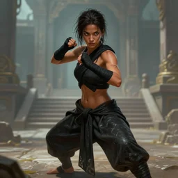 Full body Picture of a female monk, fighter, black bandage on arms, marked muscles, brown skin, young, alluring, messy hair, brown eyes, detailed face, combat stance, black soggy pants, spiritual, epic fantasy, temple in the background, D&D, by artgerm and Craig Mullins, James Jean, Andrey Ryabovichev, Mark Simonetti and Peter Morbacher, matte painting, trending on artstation, artstationHD, artstationHQ, octane, full HD, 16K