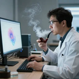 A pipe smoking scientist doing computer research, digital art