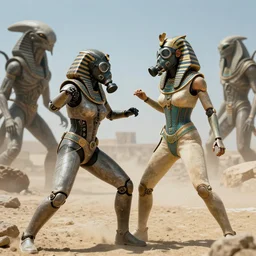big budget scifi movie set in ancient egypt female cyborg in rubber and gas mask fighting with extraterrestials