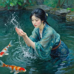 beautiful japanese woman splashing in a koi pond in the rain, nadescio rin, drab blue greens, dark greens, highly detailed, award winning, oil painting