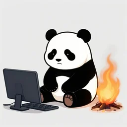 a sad panda sitting next to the PC that just caught fire